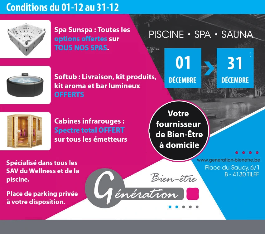 Promotions Magasin spas et saunas Génération Bien-Être Tilff (Liège)